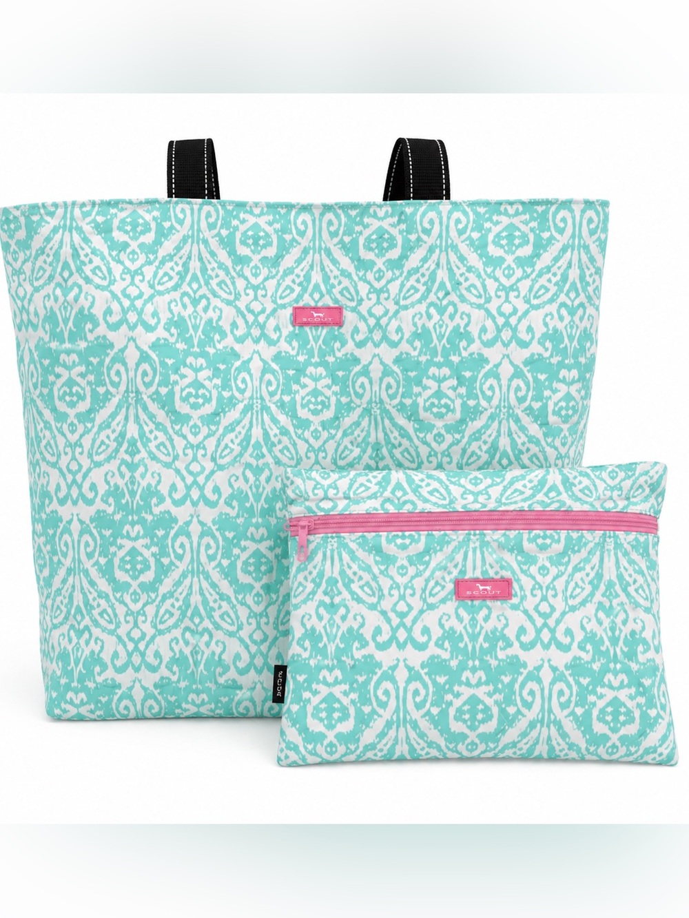 NWOT  Plus 1 Tote &‎ Zip Pouch Set Aqua Ikat Print Sold Out Pattern